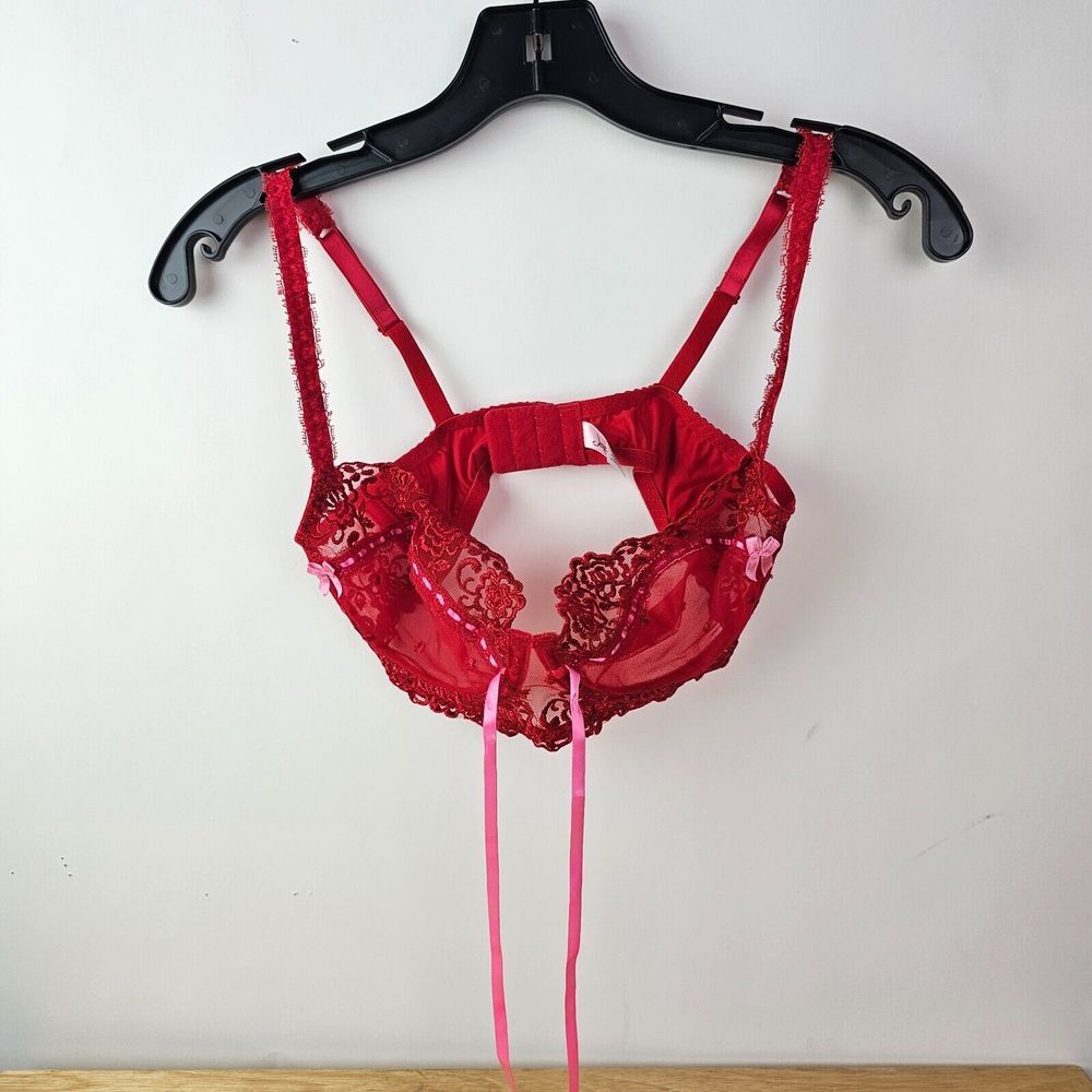 Jezebel Women Bra‎ 34D Red Pink Lace Sheer Lace Up Underwire Sexy Feminine